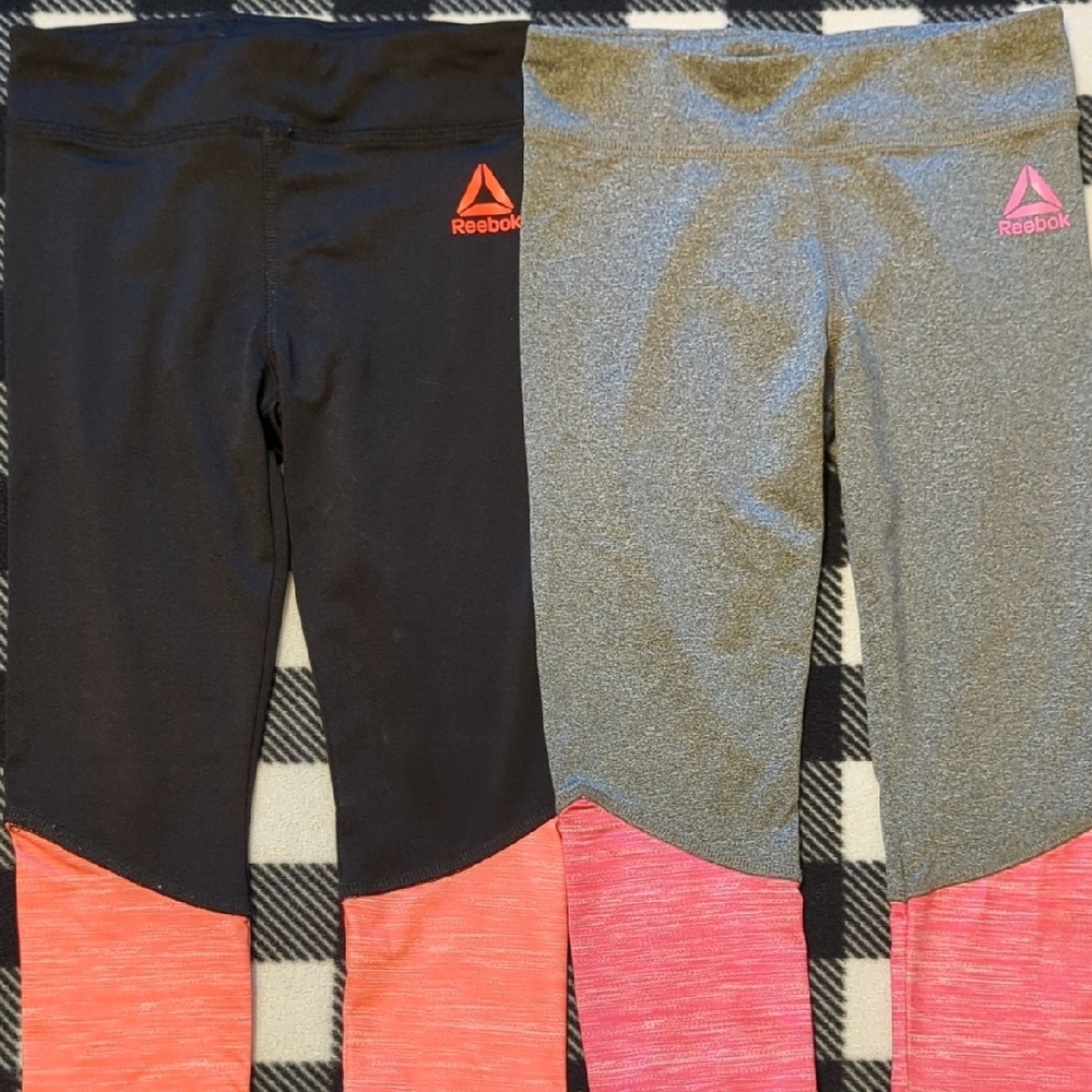 2 Reebok Kids' Black and Gray Leggings with Pink And Peach Accents